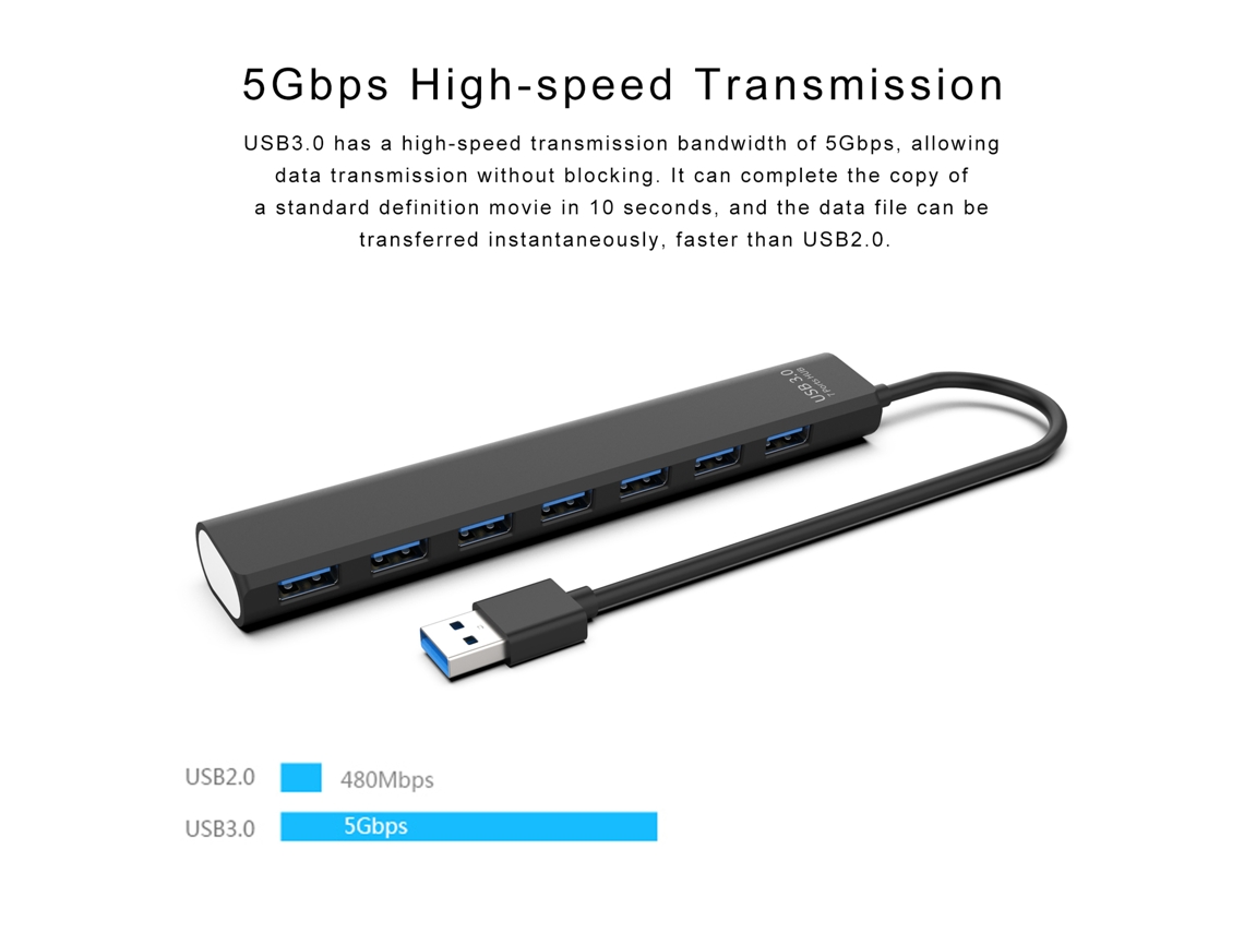 Hub Mali Usb 3.0/2.0 com 7 Portas, Splitter, Transmissão de Dados, 5gbps, Carregamento Seguro