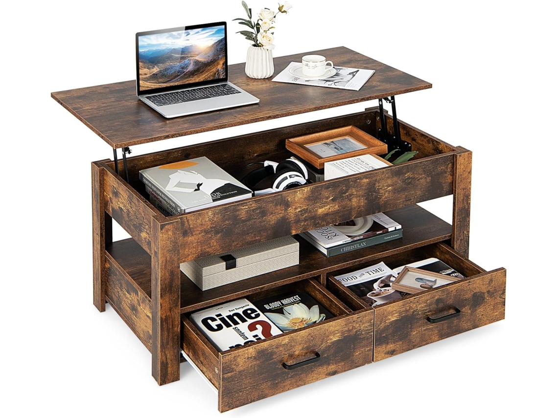 Mesa pequeña con tapa elevable, mesa pequeña industrial con compartimento, estante de almacenamiento y 2 cajones Costway