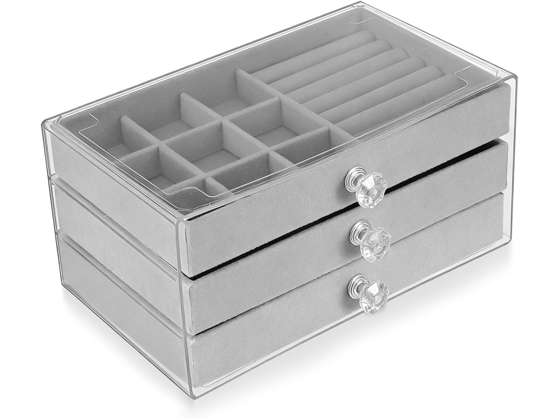 Organizador De Joias Nuobesty Com 3 Gavetas Em Veludo Acrílico Transparente E Compartimentos.