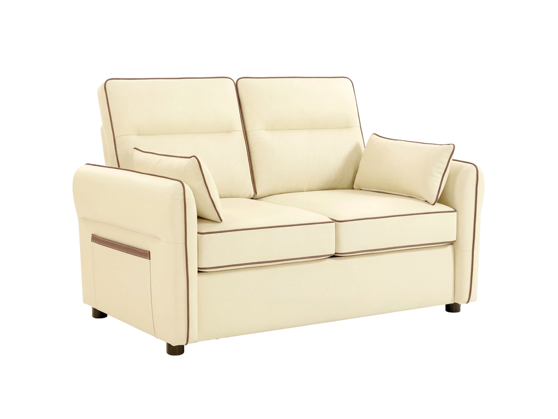 Sofá De 2 Plazas De Polipiel Con Acolchado Grueso, Bolsillo Lateral Y 2 Cojines, 136x81x90 Cm, Color Beige.