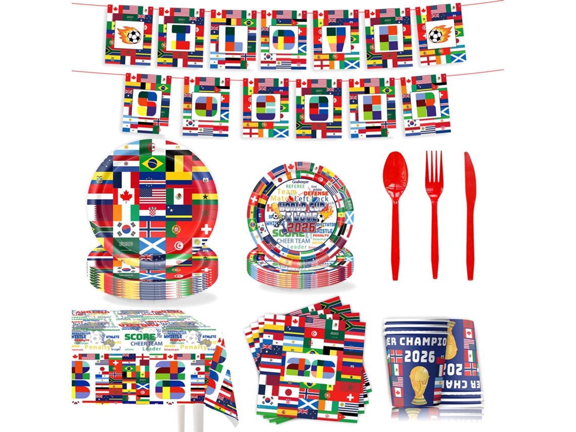Kit de fiesta para el Mundial de 2026: Decoraciones, cubiertos y banderas para los aficionados.