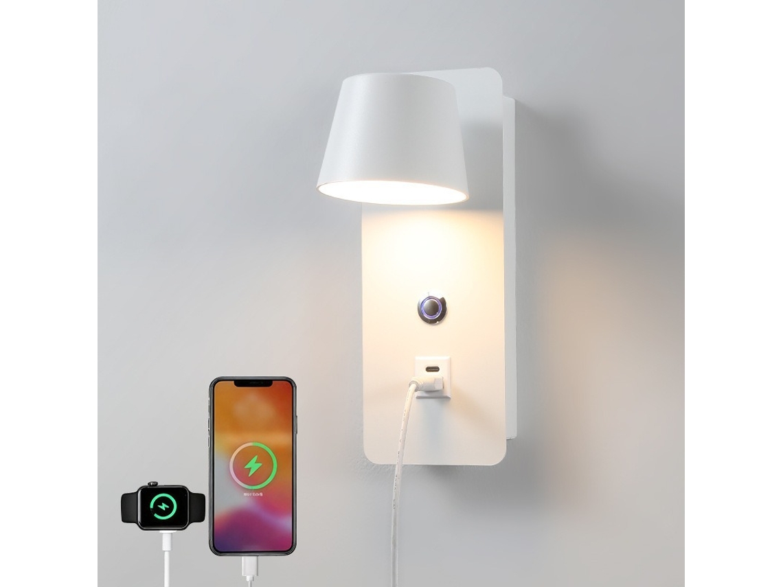 Lámpara de pared LED recargable para mesita de noche: luz ambiental giratoria y ajustable (blanca).