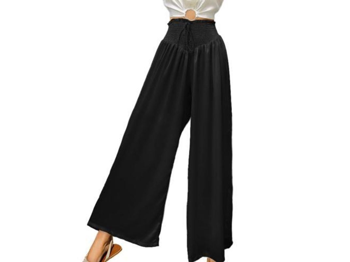 2026-24337-pantalones Casual Verano De Cintura Alta Elástica Con Bolsillos Y Pierna Ancha Xxl Negro