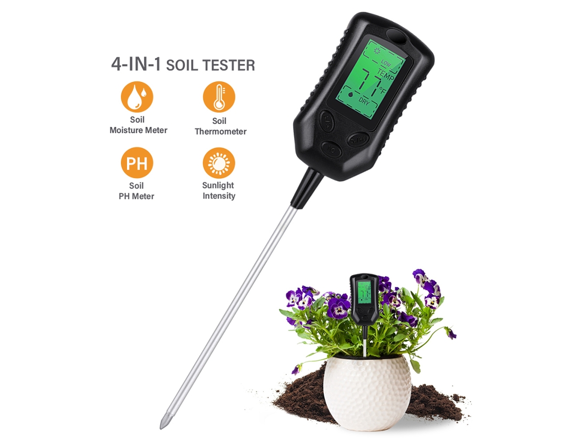 Medidor de suelo multifuncional de alta precisión 2026 para medir el pH, la humedad, la temperatura y la intensidad de la luz solar en jardines.