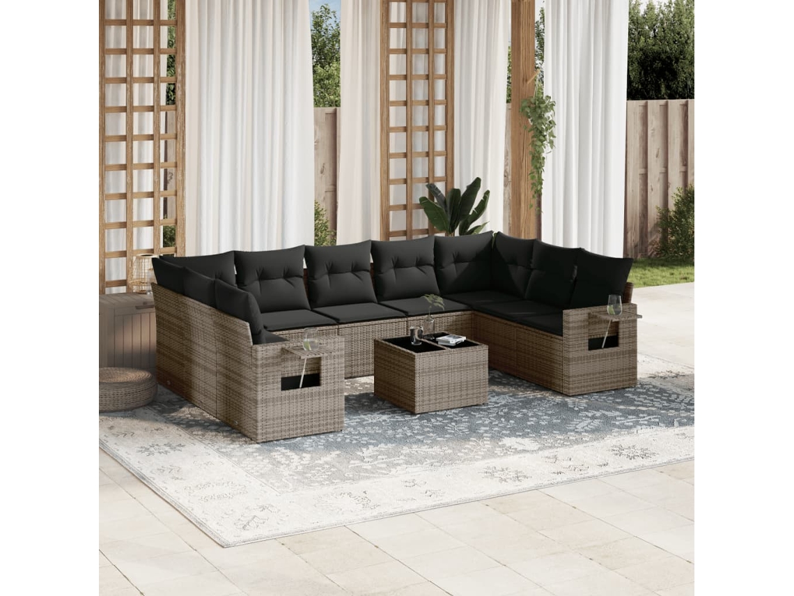Conjunto de sofá de jardín de 10 piezas con cojines, ratán gris, DKD Home Decor