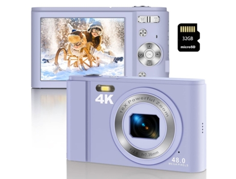 Cámara Digital para Niños Compacta TURMIN Dc303 4K 48MP con Enfoque Automático y Zoom 16X, pantalla de 2,8 pulgadas, 32G, morada.