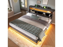 Cama Tapizada 140x200 Cm - Cabecero Con Almacenamiento, Puertos Usb Y Type-c, Iluminación Led, Con Almacenamiento Hidráulico - Gris