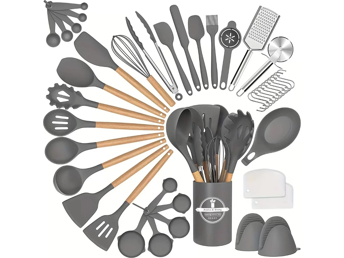 Juego de 43 utensilios de silicona con mangos de madera antiadherentes, resistentes al calor, color gris HEXINYIGJLY