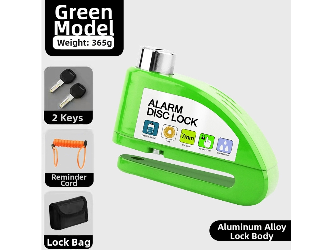 Candado De Disco Con Alarma De 110 Db Para Moto/scooter, 2 Llaves, Cable Antirrobo De 1,2 M Y 1 Par De Bolsas Digitallab Verdes