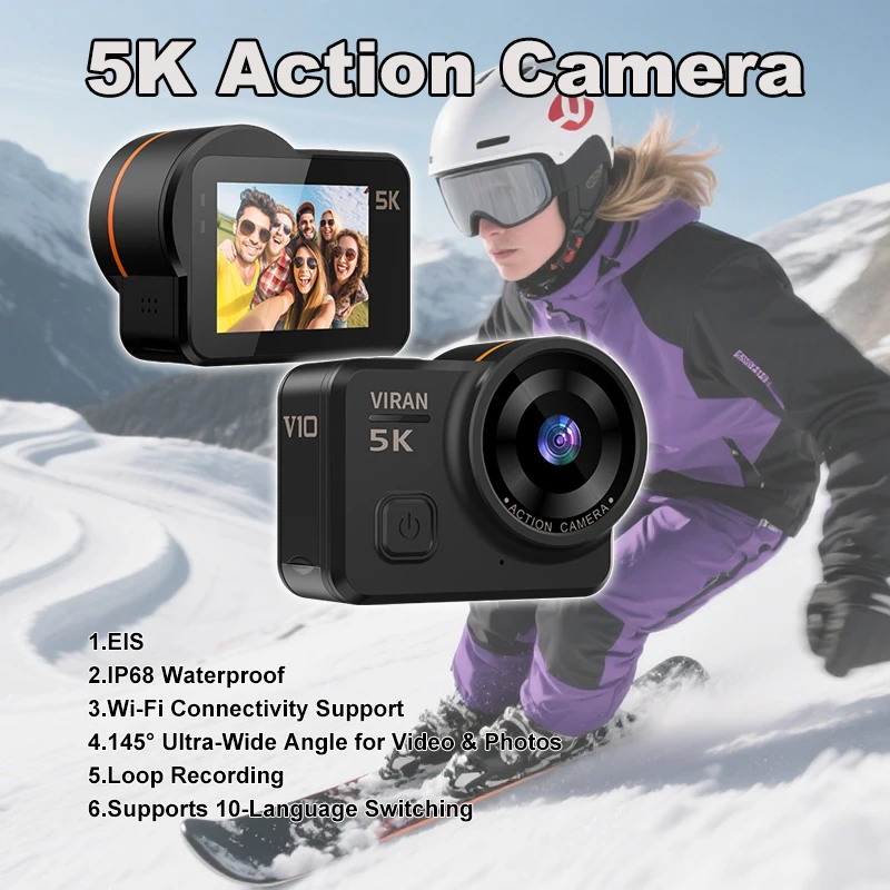 Cámara De Acción Portátil (negra, 64 Gb), 5k, Pantalla Táctil Ips Hd De 2,0 Pulgadas, Ip68, Resistente Al Agua, Wifi Eis