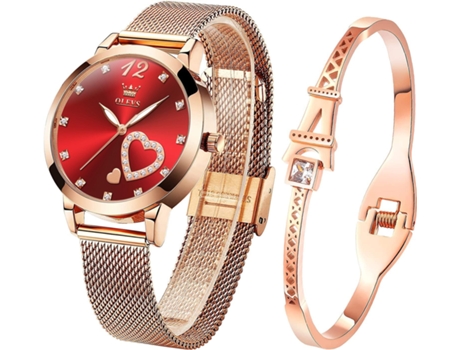 VEANXIN Conjunto de Reloj para Mujer, Simple, Cuarzo de Oro Rosa, Resistente al Agua(rojo)