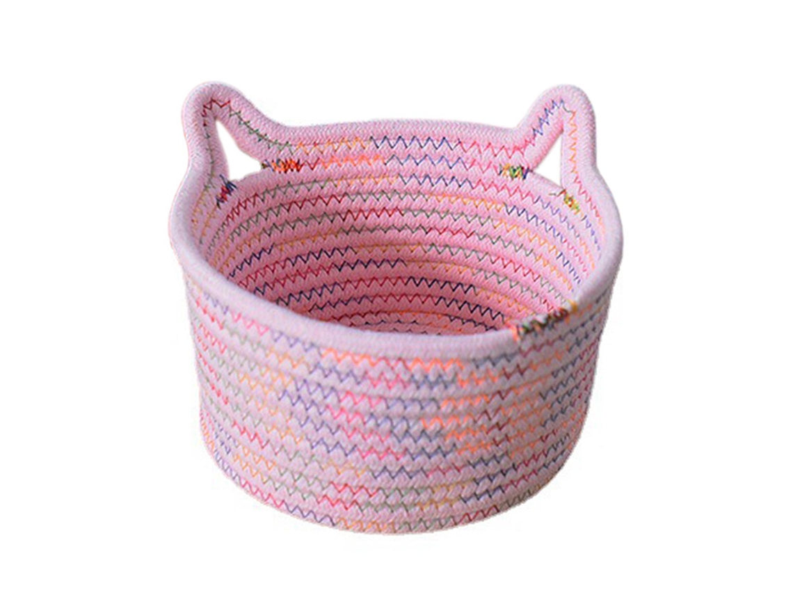 RNEMITERY Cesta de almacenamiento de cuerda tejida a mano, duradera y plegable con un bonito asa de gato, multiusos para juguetes, ropa y artículos diversos, ce
