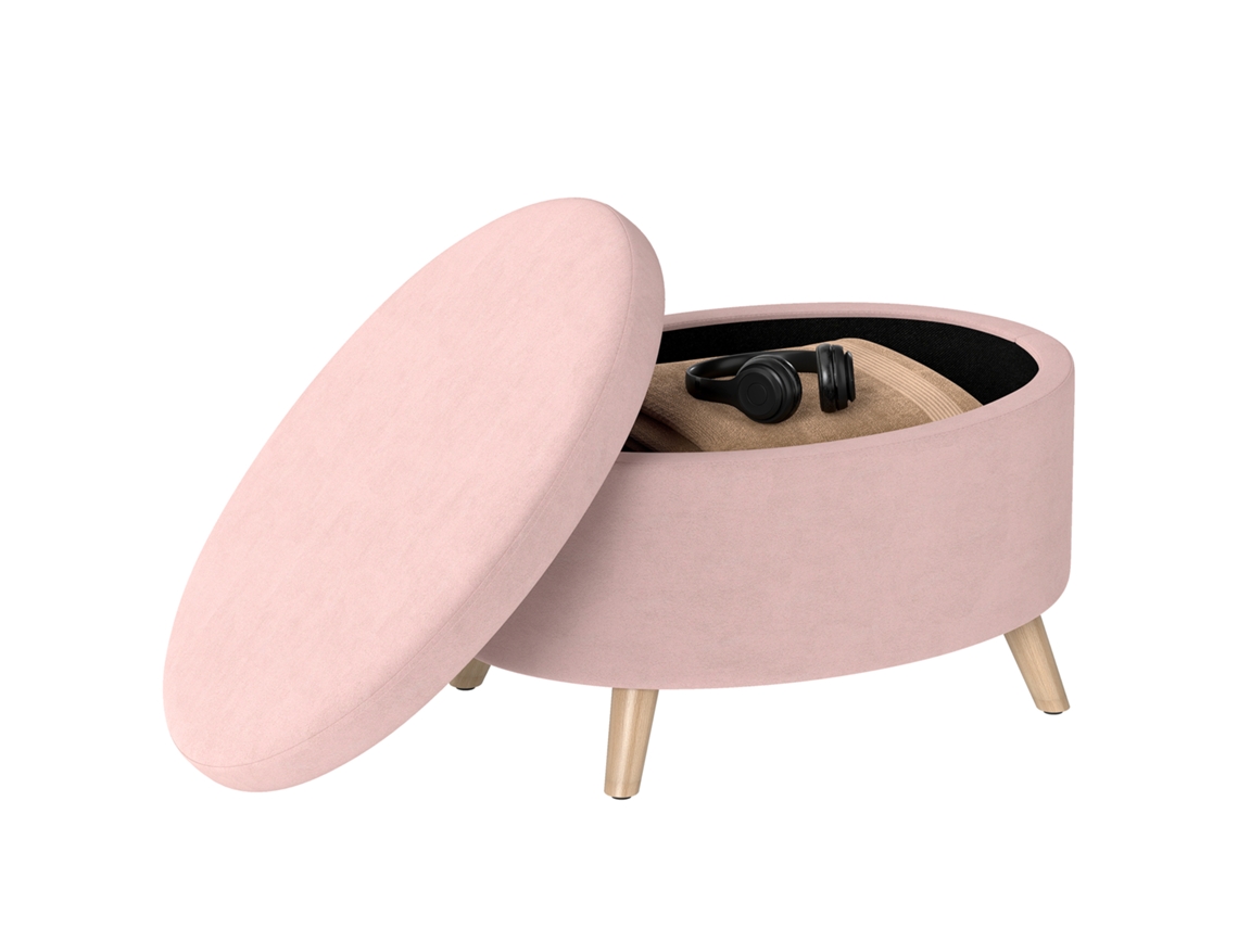 Puf Ovalado De Terciopelo Con Patas De Madera Maciza, Color Rosa Claro.