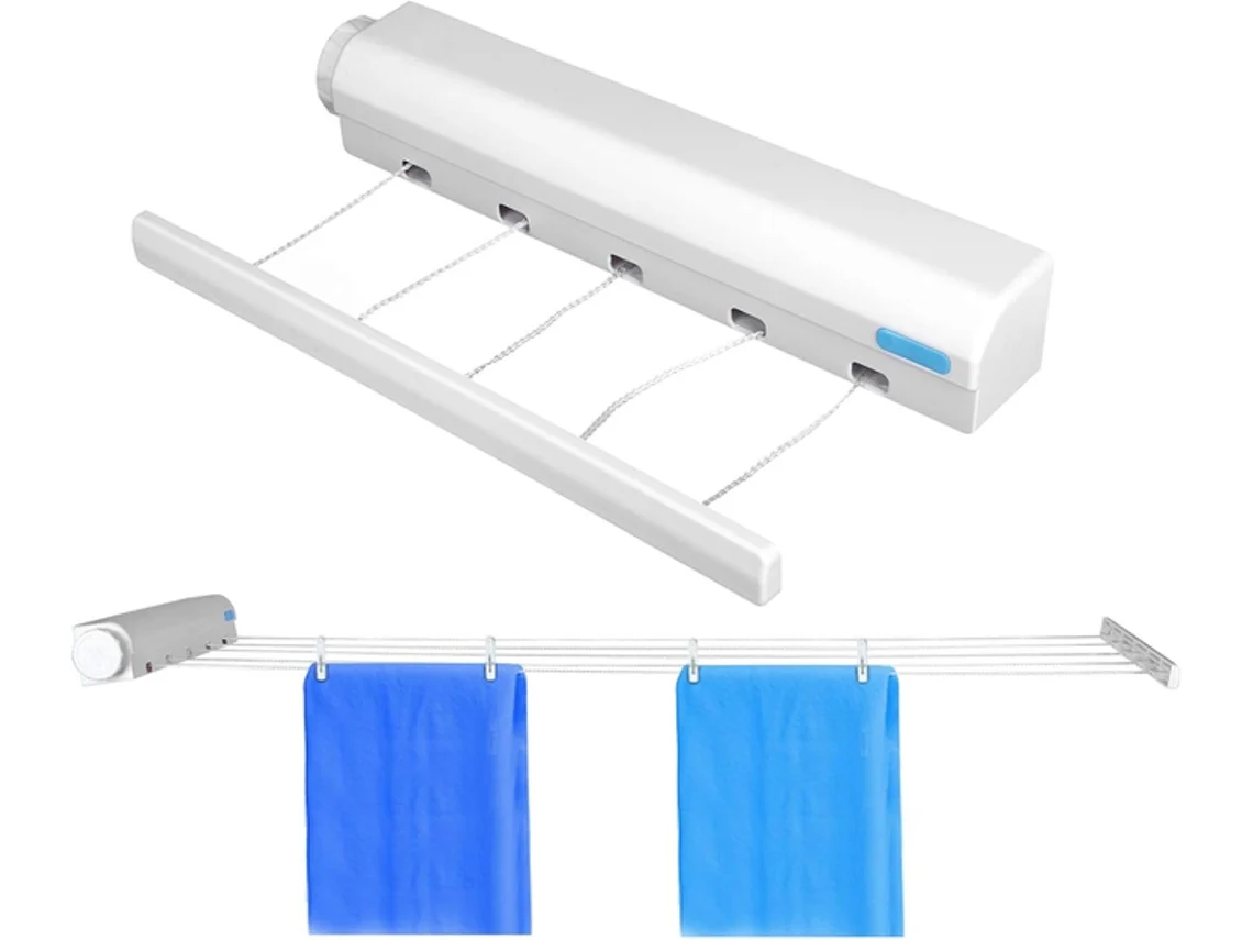 Tendedero de pared ajustable, soporte plegable para secado y almacenamiento, plástico, blanco Tommy01