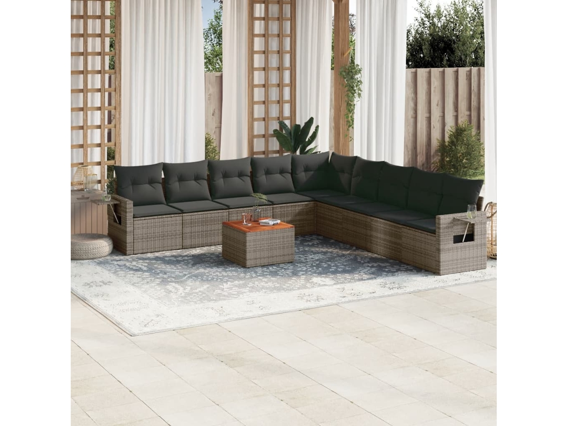 Conjunto de sofá de jardín de 10 piezas con cojines, ratán gris, DKD Home Decor