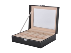 Caja Para Relojes De 10 Compartimentos Con Tapa De Cristal, De Piel Sintética Negra.