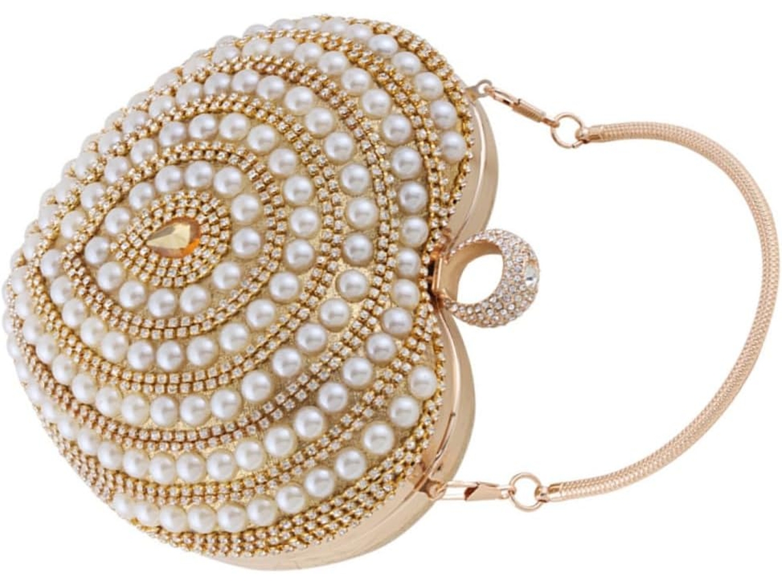 Bolsa De Mão Feminina Em Formato De Coração, Decorada Com Cristais Dourados, Em Poliéster E Metal, Ideal Para Ocasiões Formais E Casamentos.