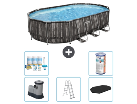 Piscina BESTWAY Oval Power Steel - 610 x 366 x 122 - Gris - Incluye bomba - Escalera - Cobertor Paquete de mantenimiento - Filtrar