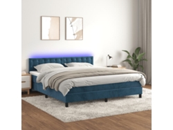 Cama Box Spring Colchón Y Led Terciopelo Azul Oscuro 160x200 Cm