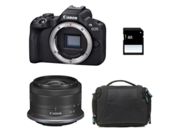 Cámara Canon EOS R50 con lente RF-S 18-45 mm f/4.5-6.3 IS STM, estuche de transporte y tarjeta SD de 8 GB.
