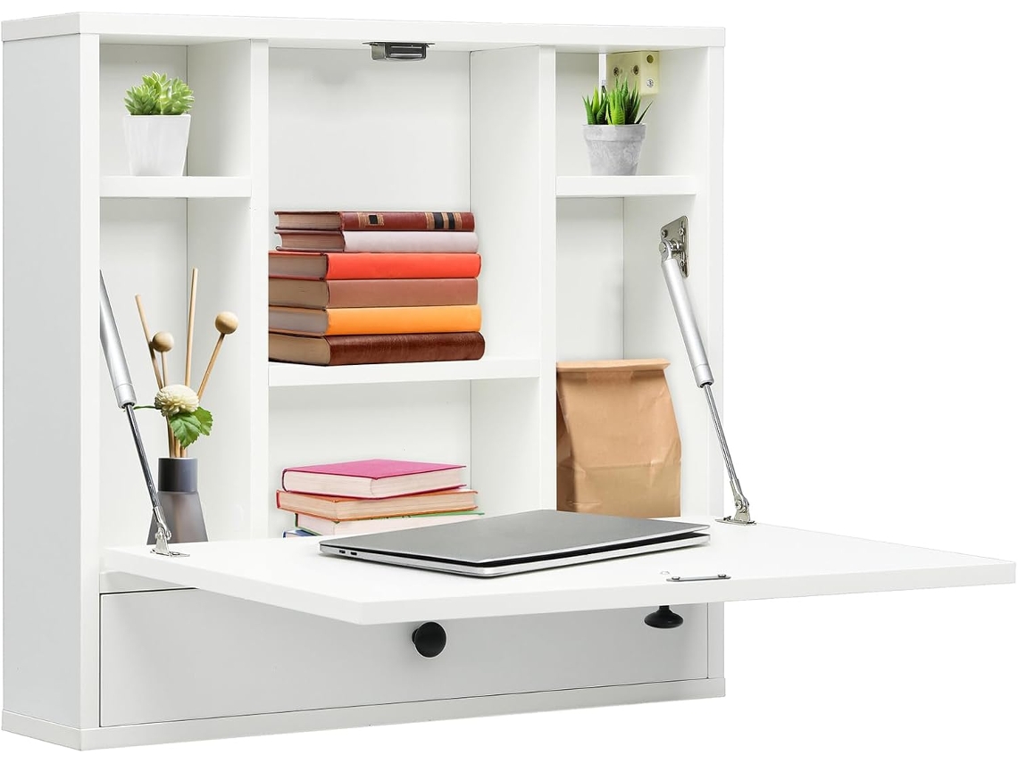 Mesa Plegable Pared, Estantes y Cajón, Escritorio Plegable Pared Oficina Cocina para Espacios Pequeños,Mesa Abatible de Pared (Blanco) COSTWAY