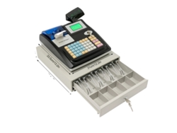 Caja registradora electrónica, 48 teclas, doble pantalla digital, color negro.