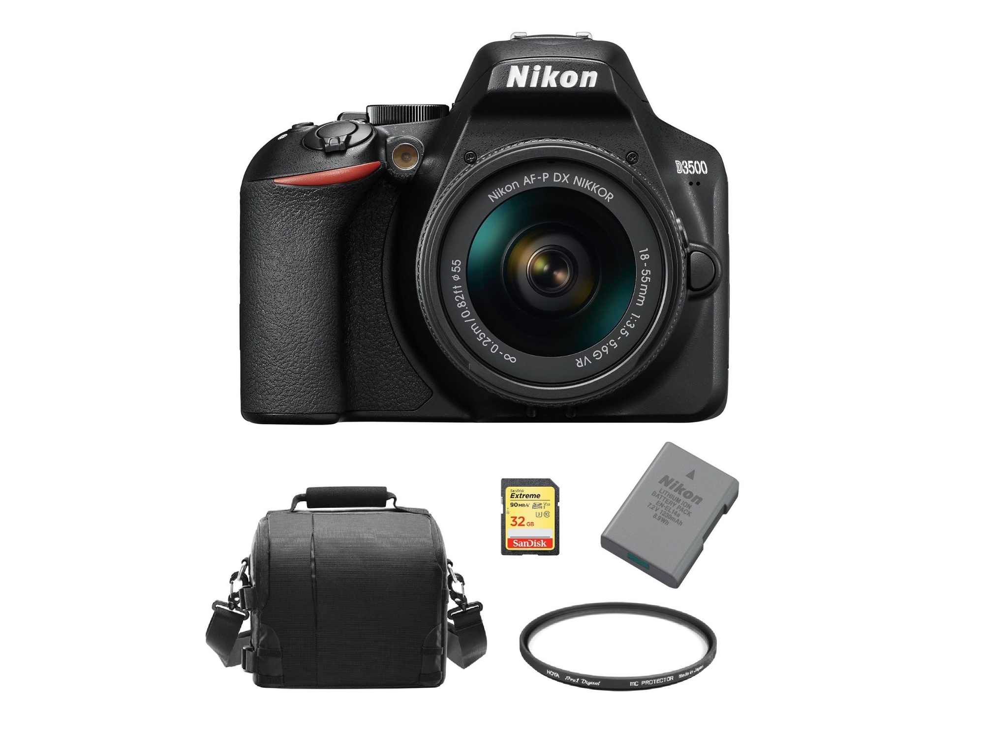 Kit Cámara Réflex NIKON D3500 AF-P 18-55mm F3.5-5.6G VR + 32GB SD + Bolsa + EN-EL14A + Hoya 55mm PRO 1D Protector