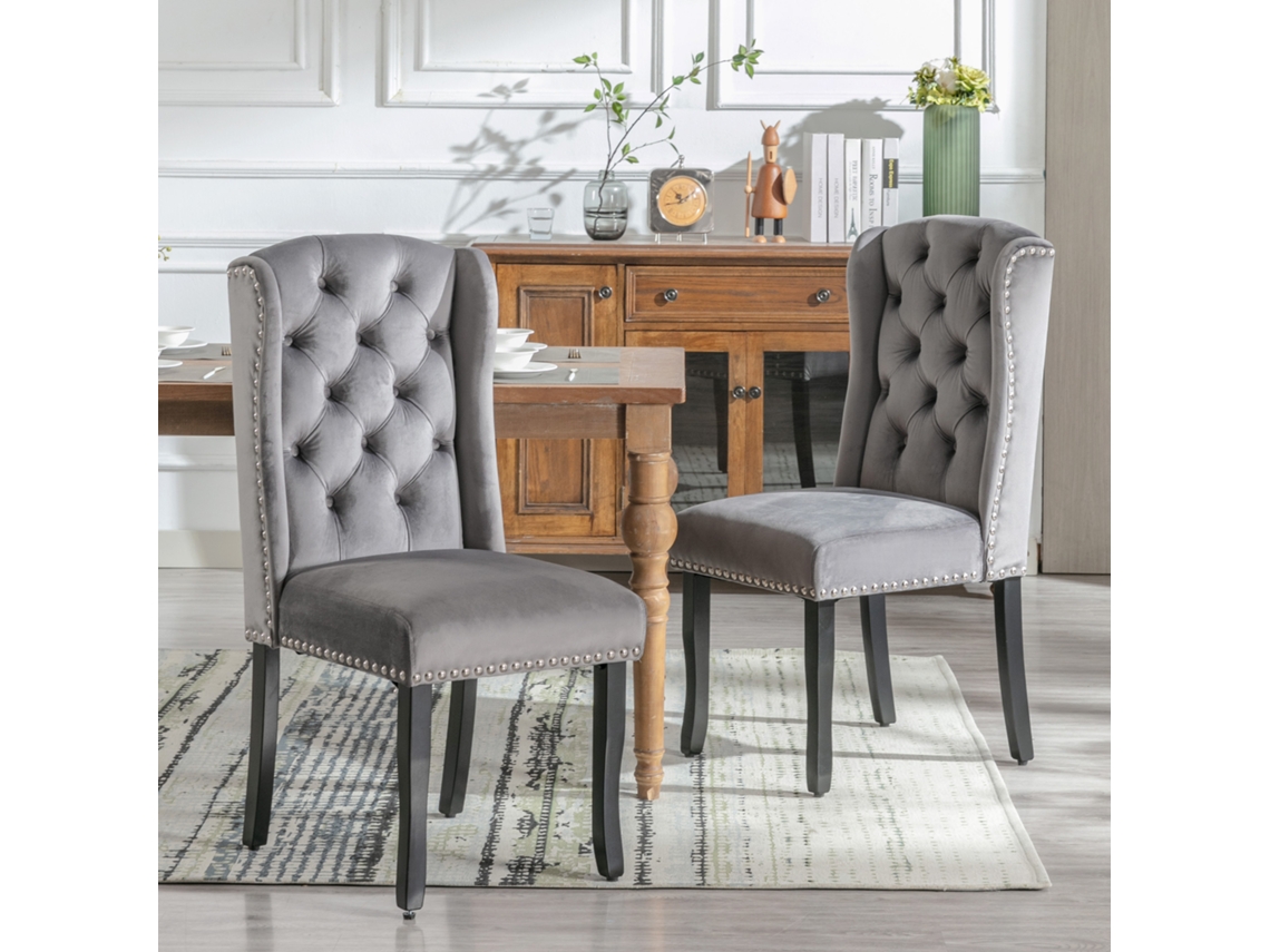 Juego de 6 sillas de comedor de terciopelo con patas de roble, tapizado abotonado, tiradores cromados y detalles tachonados. Silla de dormitorio.