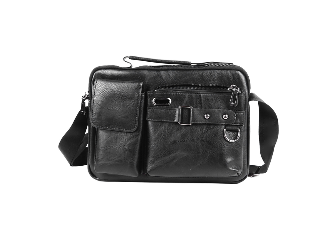 Bolso de trabajo para hombre de piel sintética negra con correa ajustable.