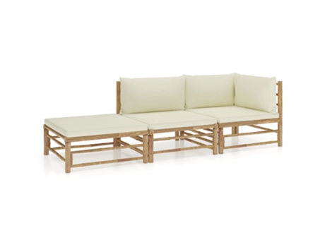 MAISON EXCLUSIVE Set de muebles de jardín 3 piezas bambú y cojines blanco crema