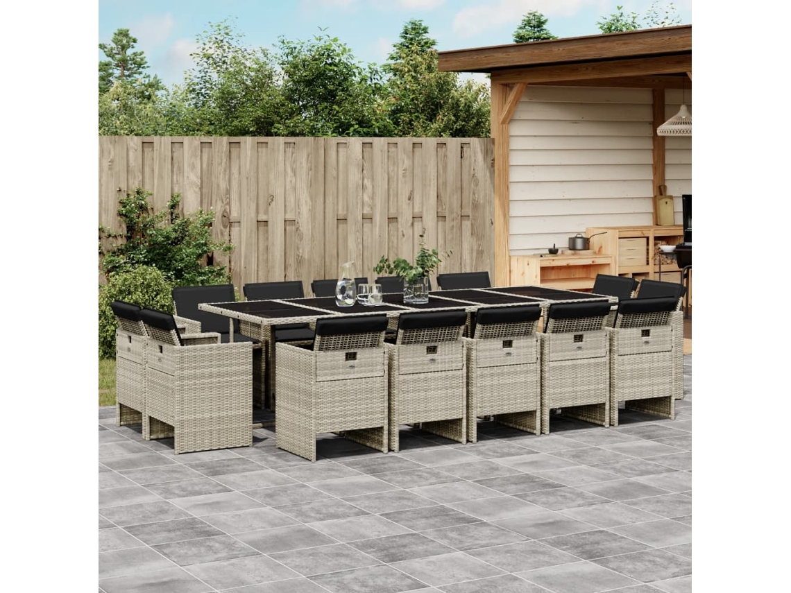 Conjunto 15 Peças Jantar Jardim C/ Almofadões Vime Pe Cinzento Claro Dkd Home Decor