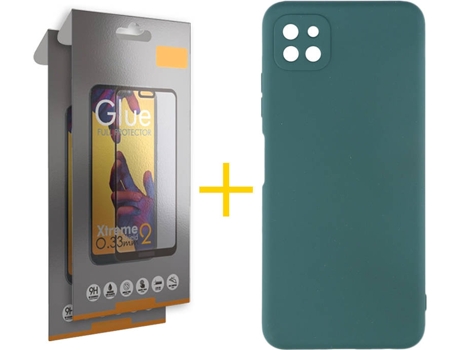 Funda y Protector 2x de Vidrio Full Samsung Galaxy A22 5G SKYHE Silicona Líquida Verde