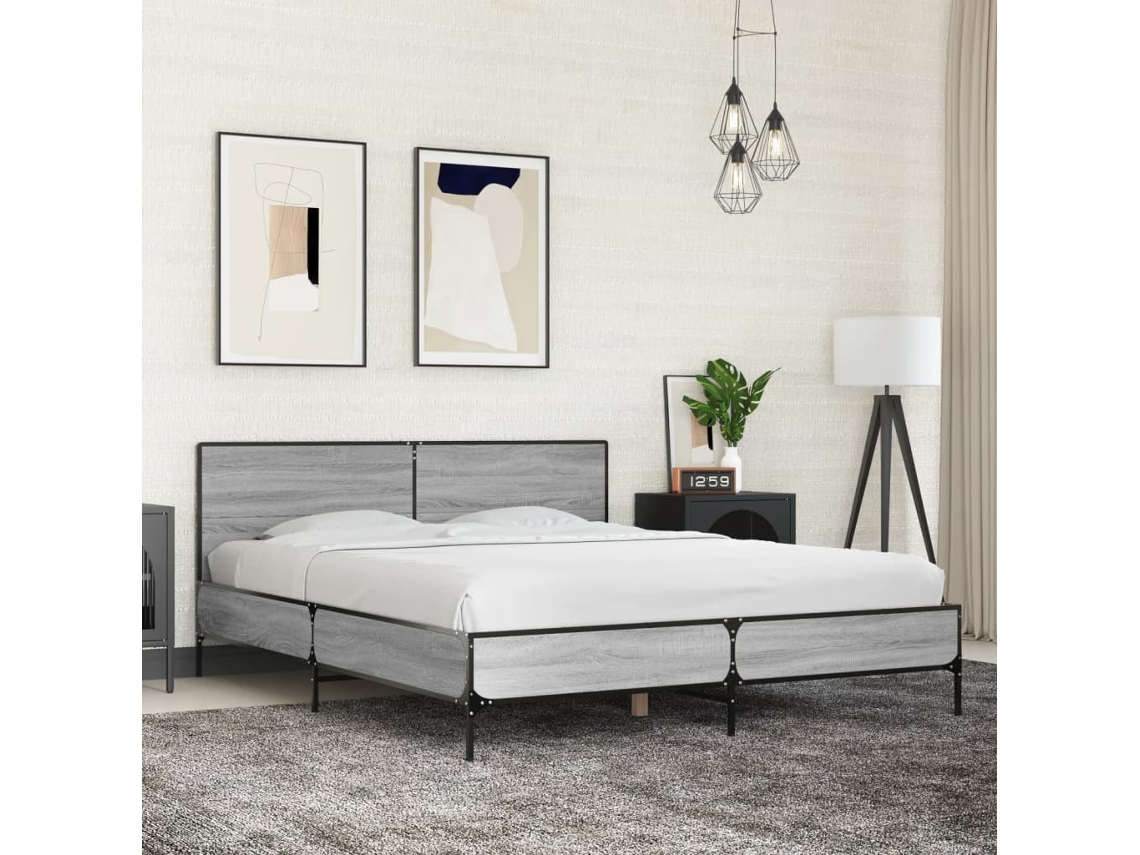 Estructura Cama Madera Ingeniería Metal Gris Sonoma 160x200 Cm