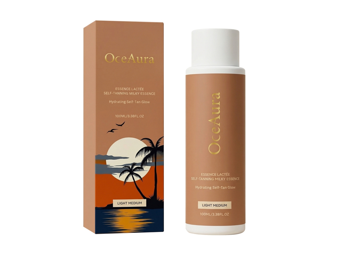 Loción bronceadora Oceanaura, textura ligera, piel bronceada, luminosidad natural, para uso en exteriores.