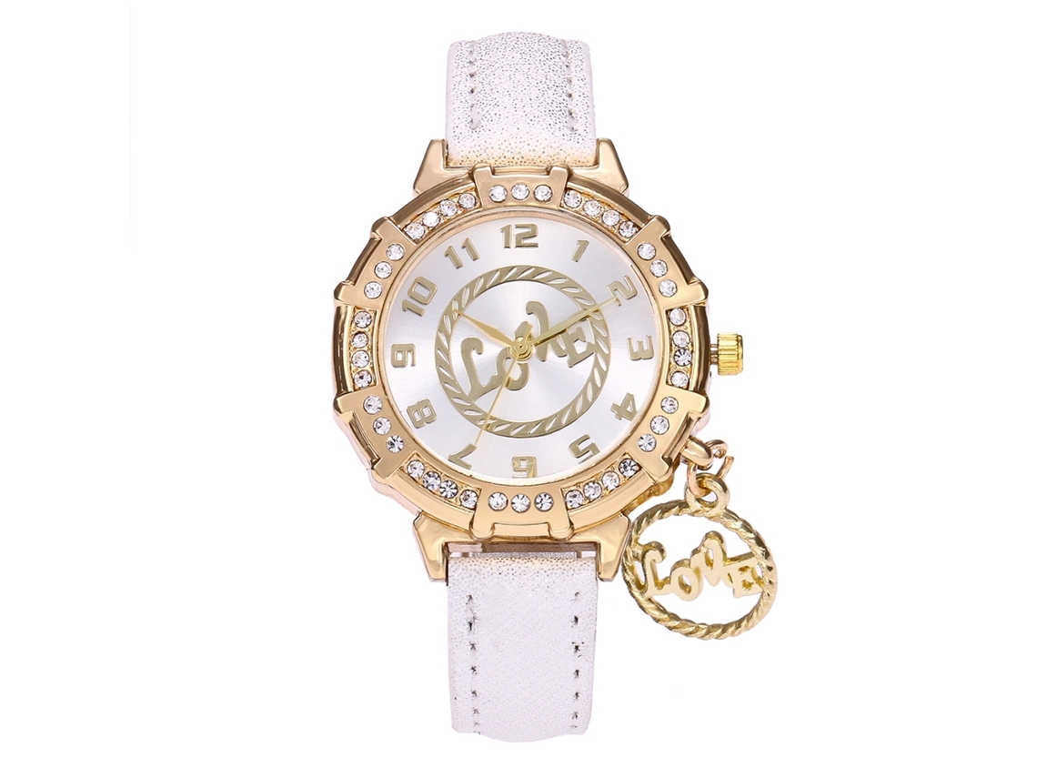 Reloj De Cuarzo Para Mujer Con Correa De Piel Sintética, Esfera Redonda Y Diamantes De Imitación Blancos.