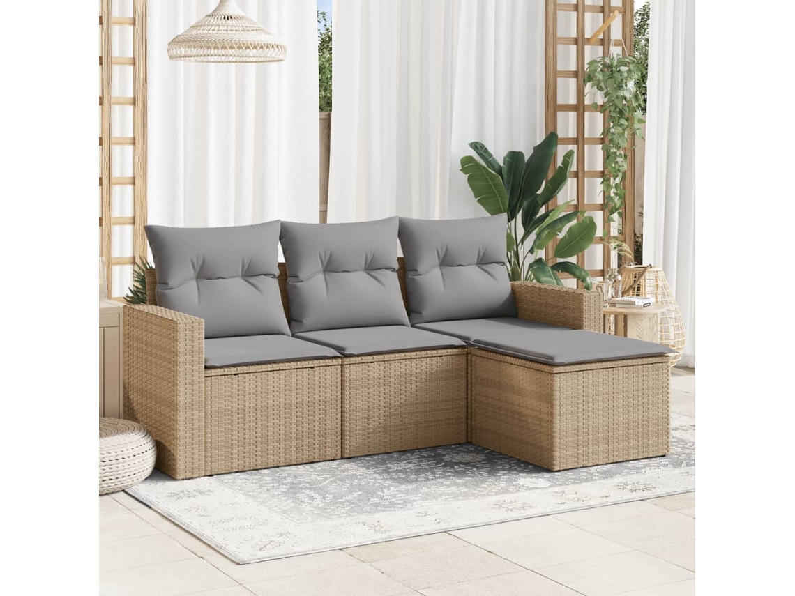 Conjunto de sofá de jardín de 4 piezas con cojines, mimbre sintético beige, Dkd Home Decor