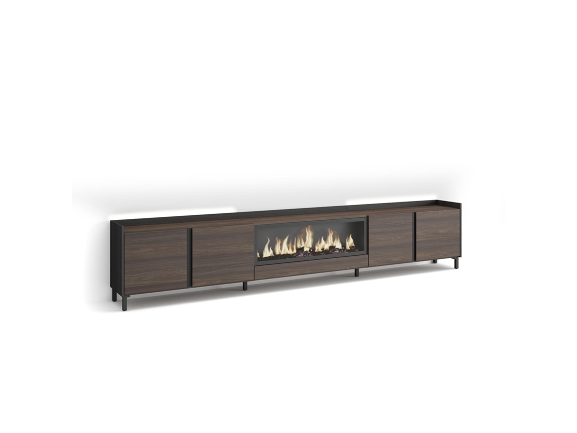 Mueble Tv, Televisión, 315x35x61cm, Para Tv Hasta 80", Chimenea Eléctrica Xxl, Diseño Industrial, Led, Roble Oscuro Y Negro