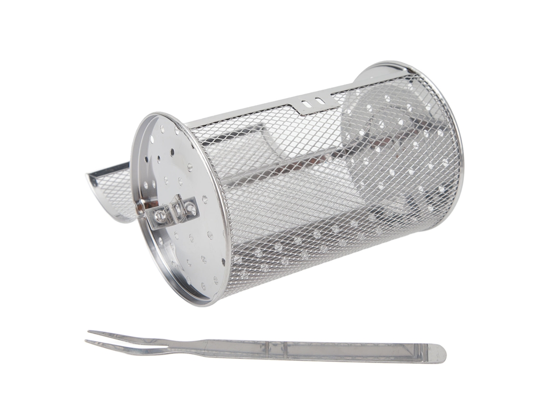 Cesta Giratoria De Acero Inoxidable Para Barbacoa Con Rejilla De Malla Y Tenedor Para Camping Y Vacaciones, 18 Cm.