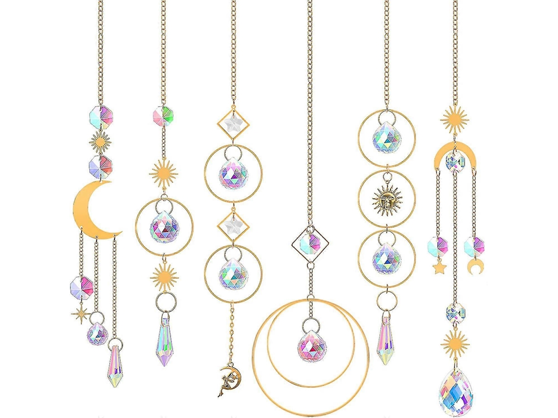 Conjunto de 6 colgantes atrapasoles de cristal, con prismas de arcoíris, luna dorada y estrella.