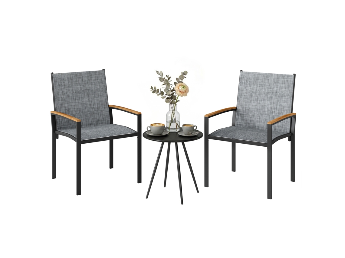 Conjunto De Bistró De 3 Piezas Con Mesa Y Sillas En Tela De Malla Gris Jaspeada.
