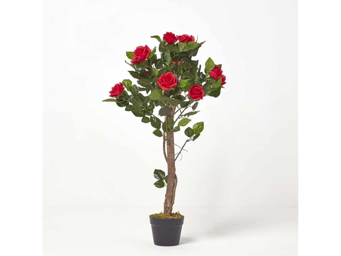 Rosal artificial Homescapes en maceta roja con hojas verdes realistas y un solo tronco, 90 cm