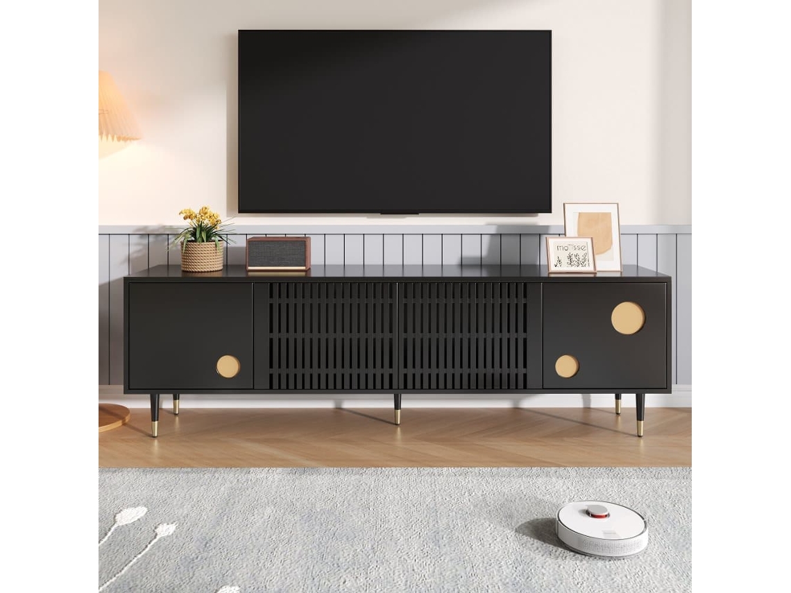 Mueble Tv Con Puertas De Madera - Estructura De Rejilla, Tiradores Ocultos, Decoración Dorada - Negro