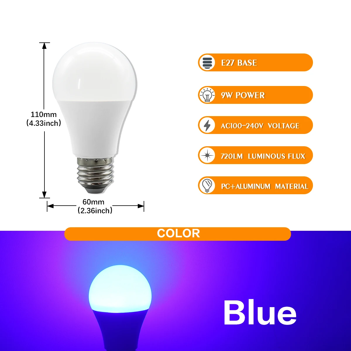 Bombillas Led De 9 W (e27 Azules, Paquete De 8), Iluminación Para Decoración Del Hogar.