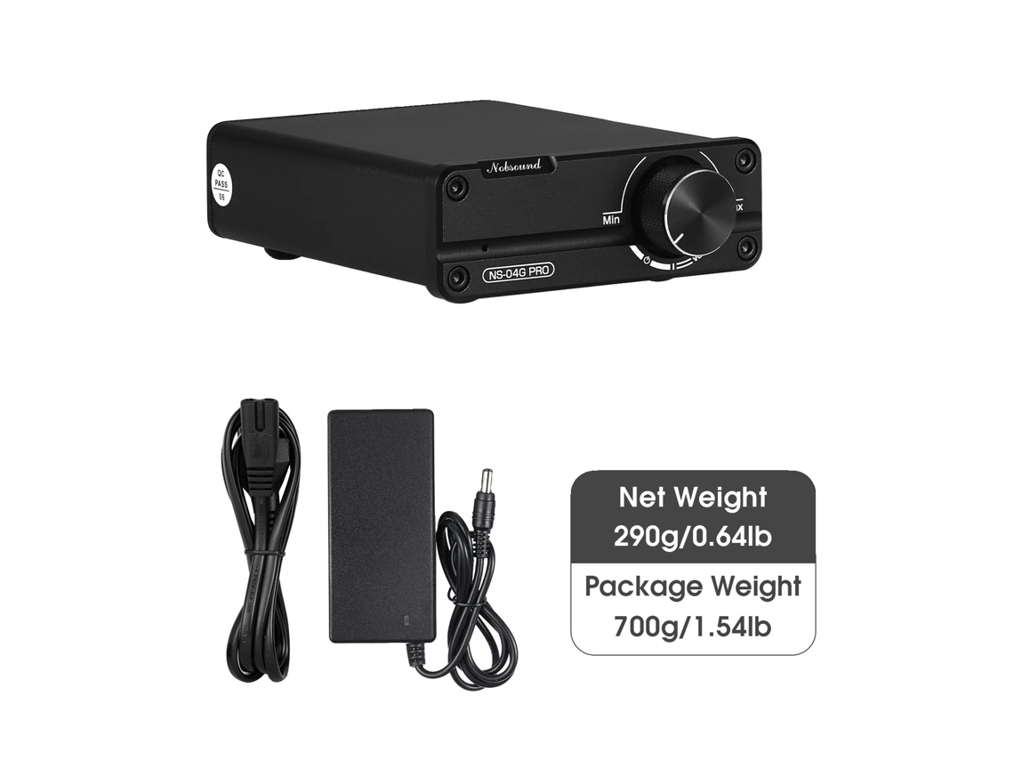 Amplificador de potencia digital, estéreo de 2.0 canales, sonido de alta fidelidad, con fuente de alimentación.