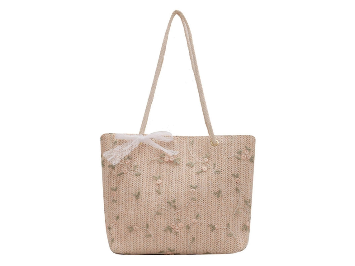Bolso bandolera grande con correa de encaje y flor, bolso de viaje de paja, blanco