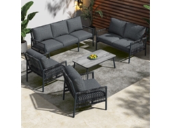 Conjunto de jardín exterior para 7 personas, sofás con cojines extraíbles, mesa de cristal con acabado imitación madera, estructura robusta, terraza y jardín.