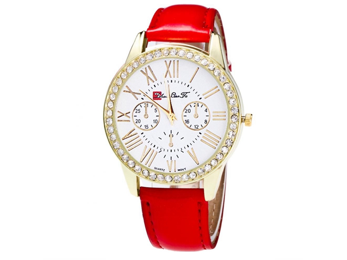 Reloj De Pareja De Cuero Pu Con Piedras Strass, Cuarzo, Dial Redondo (rojo)