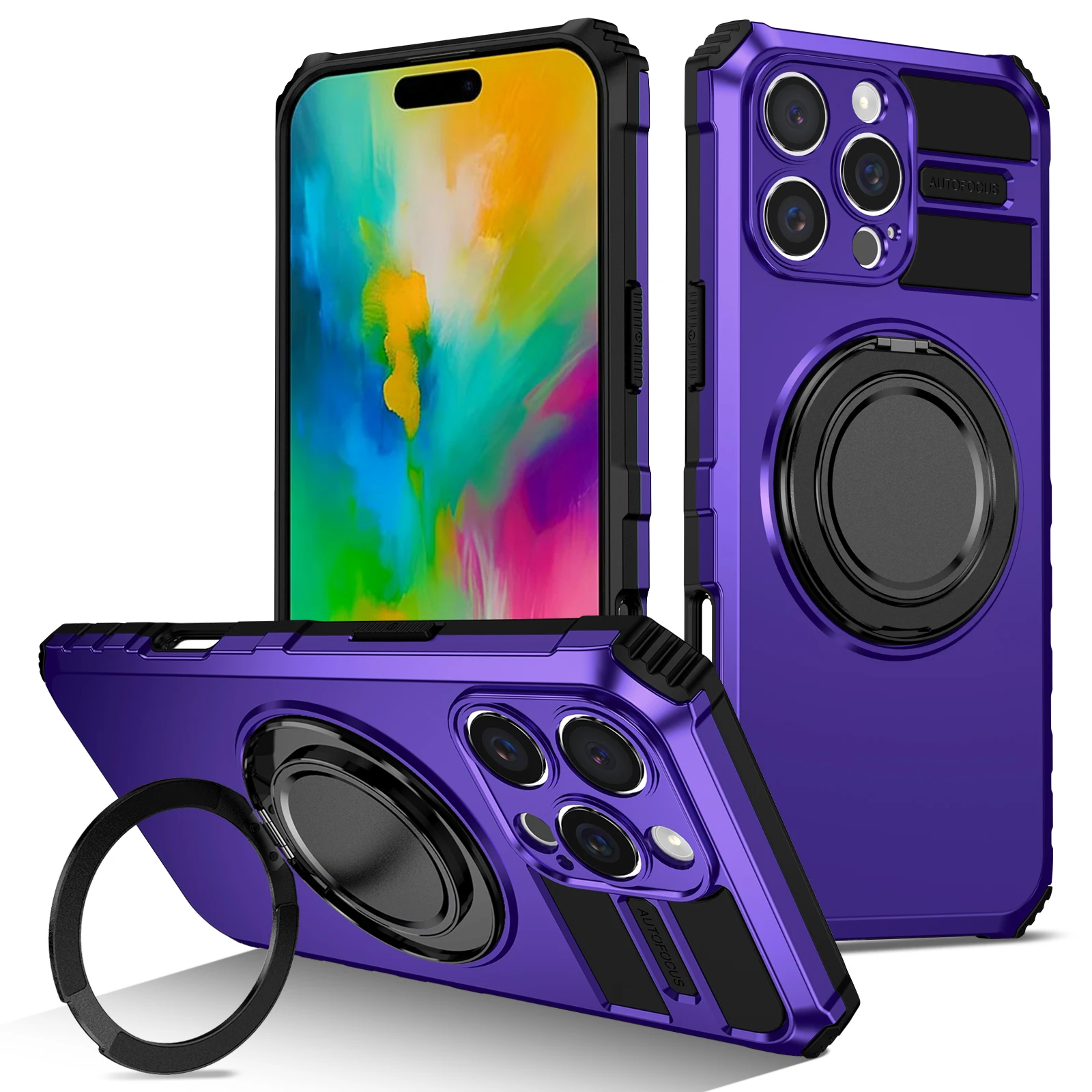 (morado, Iphone 16 Plus) Elegante Funda Magnética Para Teléfono De Coche Con Soporte De Anillo Metálico Giratorio De 360 Grados.