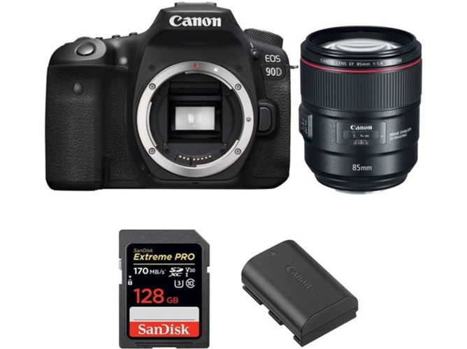Kit Cámara CANON EOS 90D + EF 85mm f/1.4L IS USM + SanDisk 128 GB + Batería (APS-C)