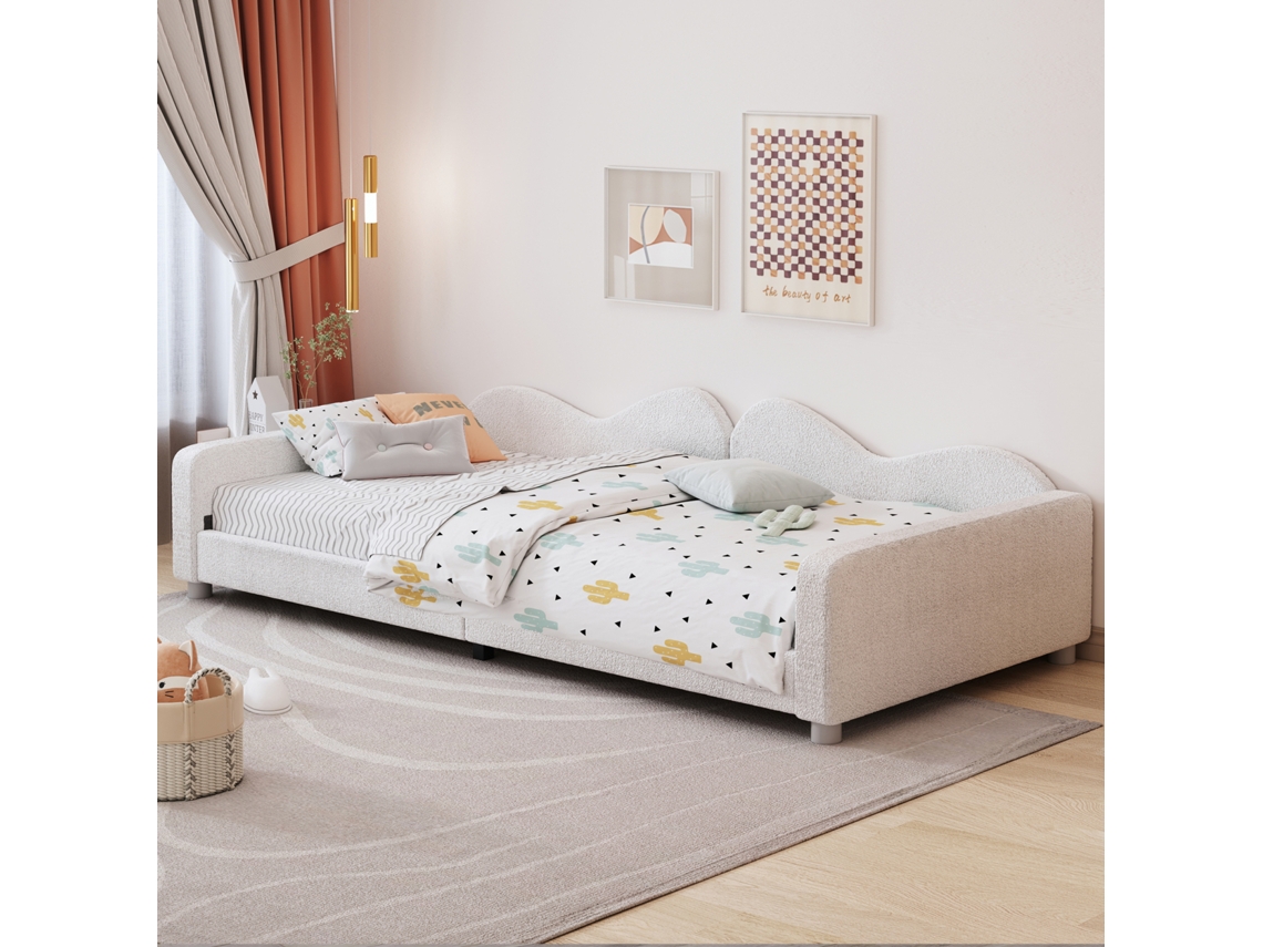 Cama Individual Infantil De 90x200cm - Cama Tapizada En Tela Teddy Con Somier De Láminas, Respaldo Y Reposabrazos, Sofá Cama Blanco